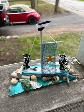 Turquoise Nautical Cows Sailing in Sailboat with Seashells and Starfish